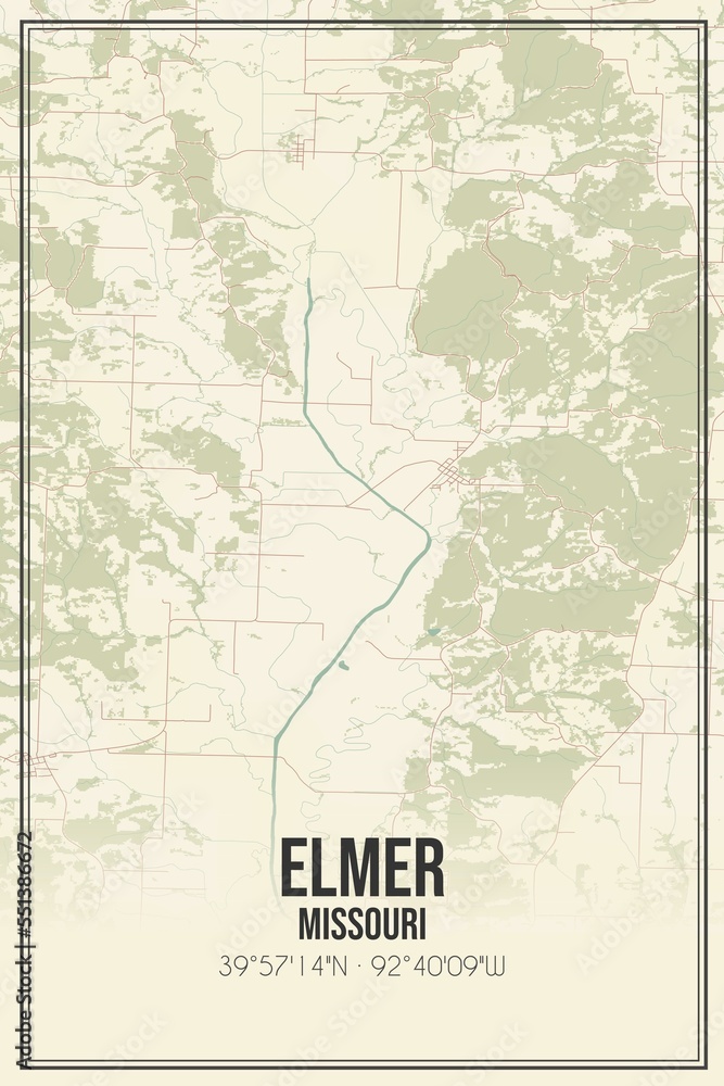 Retro US city map of Elmer, Missouri. Vintage street map.