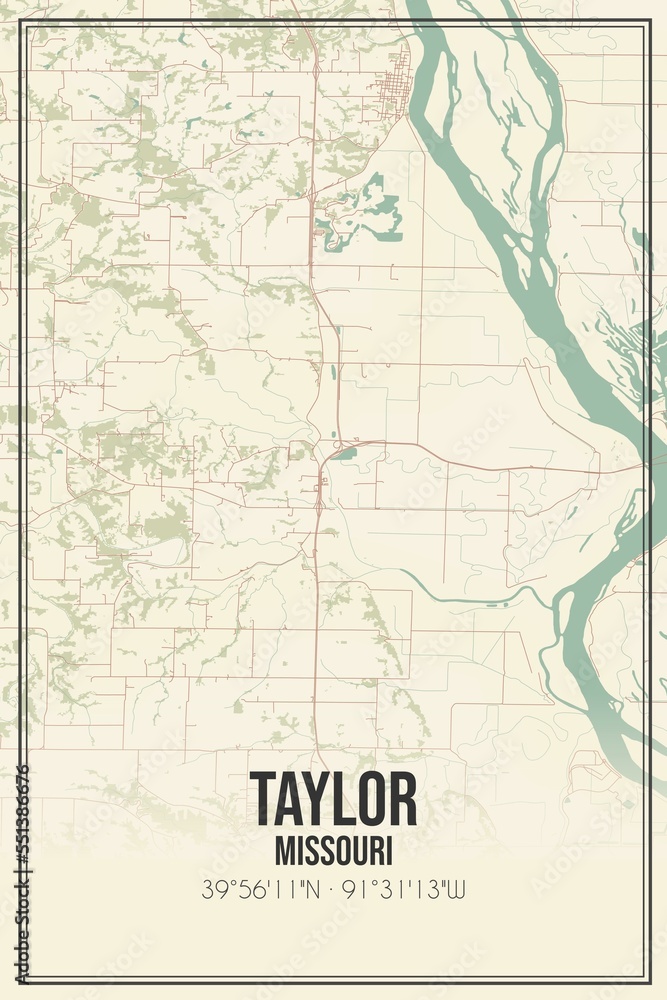 Retro US city map of Taylor, Missouri. Vintage street map.