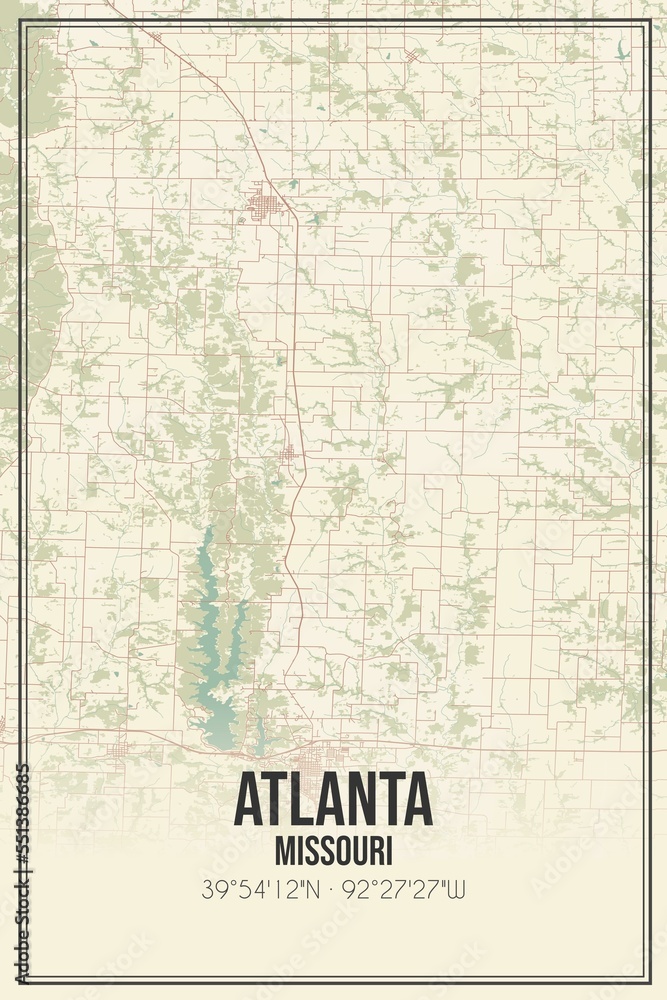 Retro US city map of Atlanta, Missouri. Vintage street map.