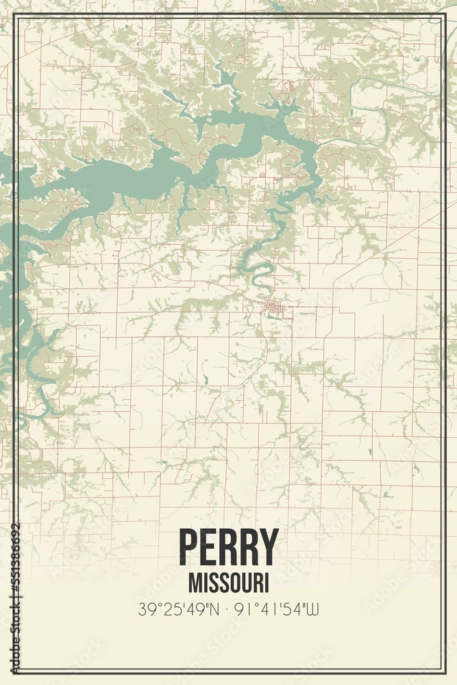 Retro US city map of Perry, Missouri. Vintage street map.