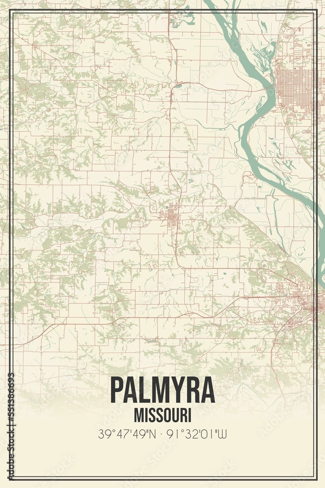 Retro US city map of Palmyra, Missouri. Vintage street map.