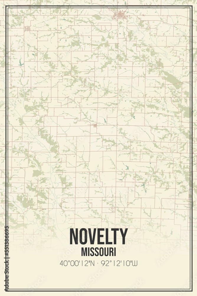Retro US city map of Novelty, Missouri. Vintage street map.