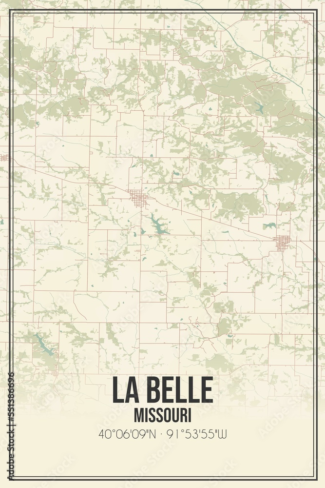 Retro US city map of La Belle, Missouri. Vintage street map.