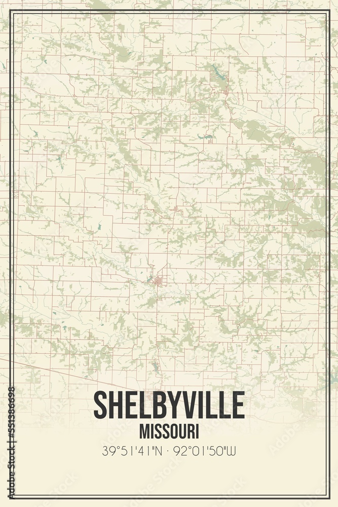 Retro US city map of Shelbyville, Missouri. Vintage street map.