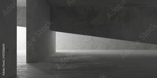 Abstract large, empty, modern concrete room with sloped ceiling beam wall and and rough floor - industrial interior background template