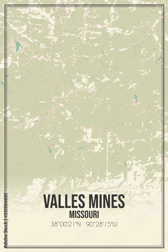Retro US city map of Valles Mines, Missouri. Vintage street map.