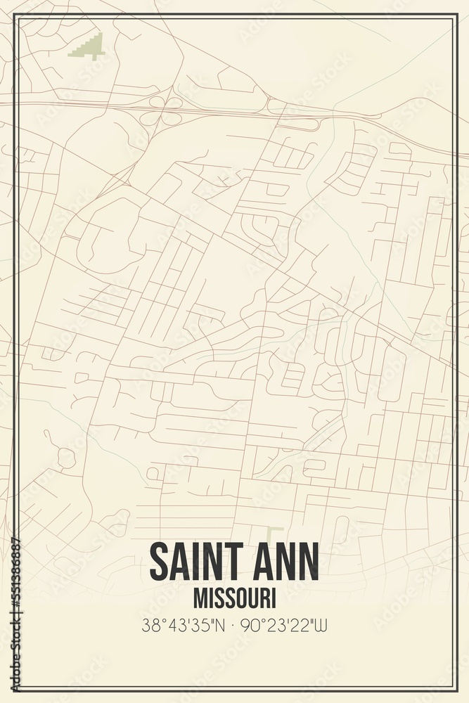 Retro US city map of Saint Ann, Missouri. Vintage street map.