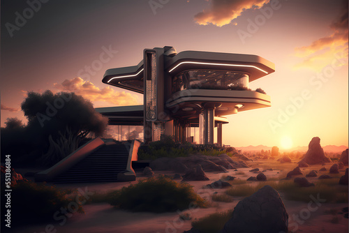 Villa House Building above falling water in a deconstructivist style, cantilevered architecture over a waterfall, lush landscape, cliff side, futuristic, digital illustration art