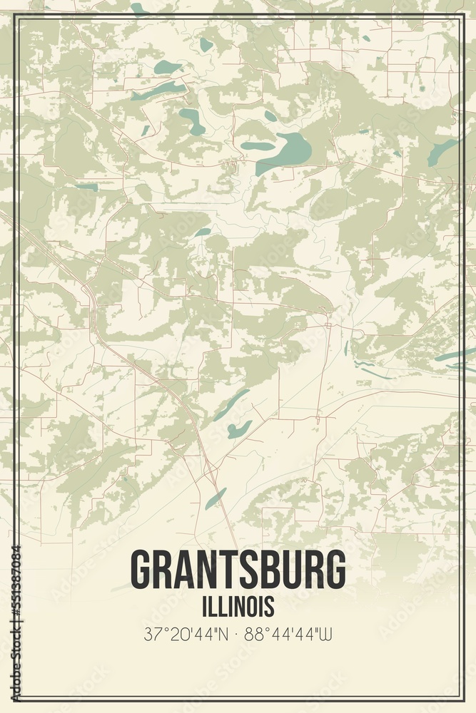 Retro US city map of Grantsburg, Illinois. Vintage street map.