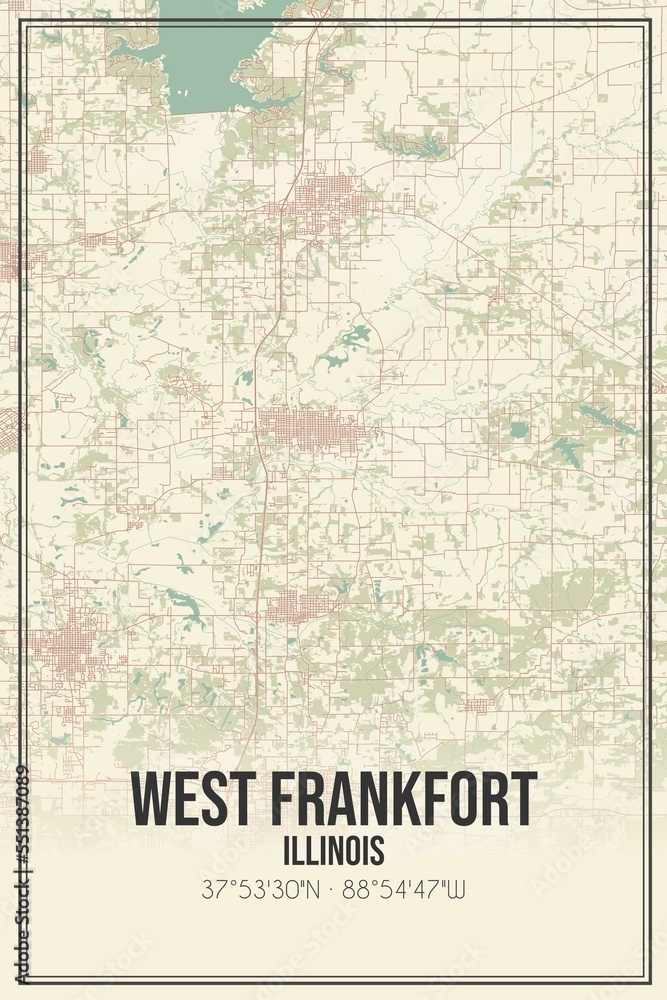 Retro US city map of West Frankfort, Illinois. Vintage street map.