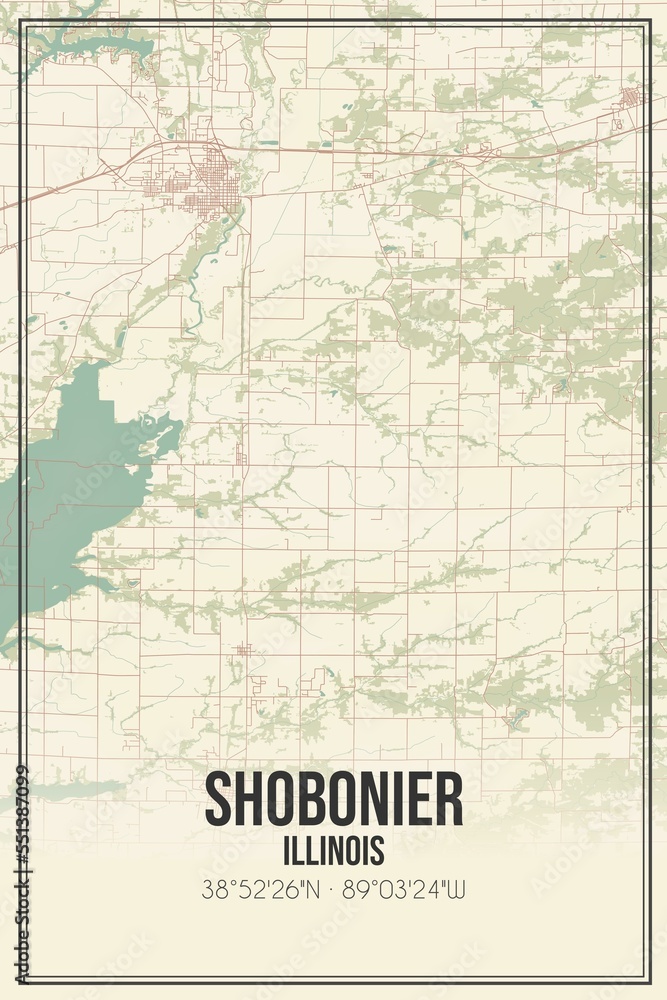Retro US city map of Shobonier, Illinois. Vintage street map.