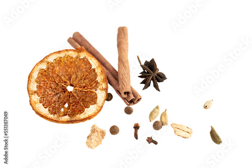 png. a set of spices for a warming drink in winter. ingredients for winter hot drinks (tea, mulled wine, punch).