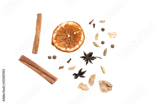 png. a set of spices for a warming drink in winter. ingredients for winter hot drinks (tea, mulled wine, punch).