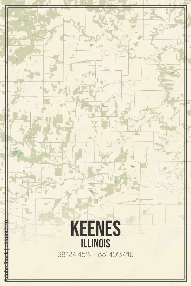 Retro US city map of Keenes, Illinois. Vintage street map.