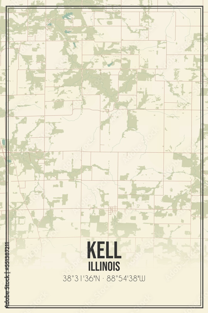 Retro US city map of Kell, Illinois. Vintage street map.