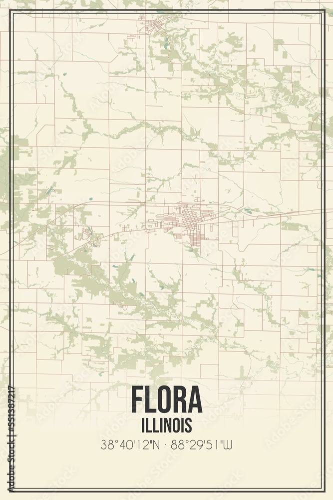 Retro US city map of Flora, Illinois. Vintage street map.