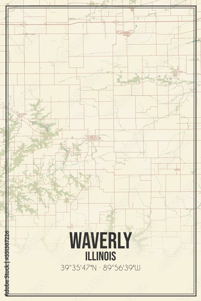 Retro US city map of Waverly, Illinois. Vintage street map.