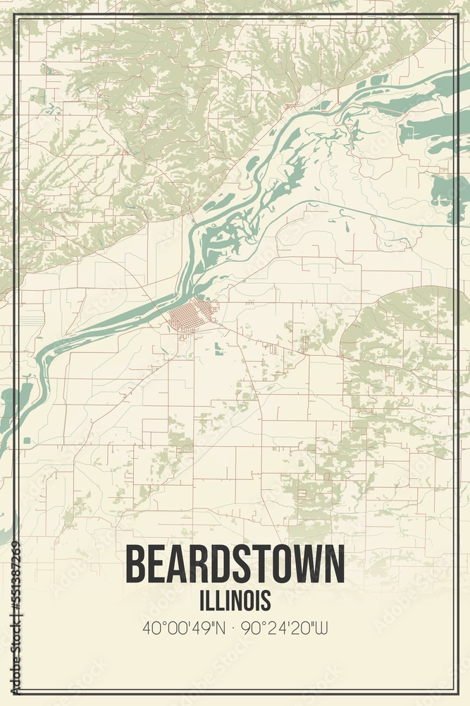 Retro US city map of Beardstown, Illinois. Vintage street map.