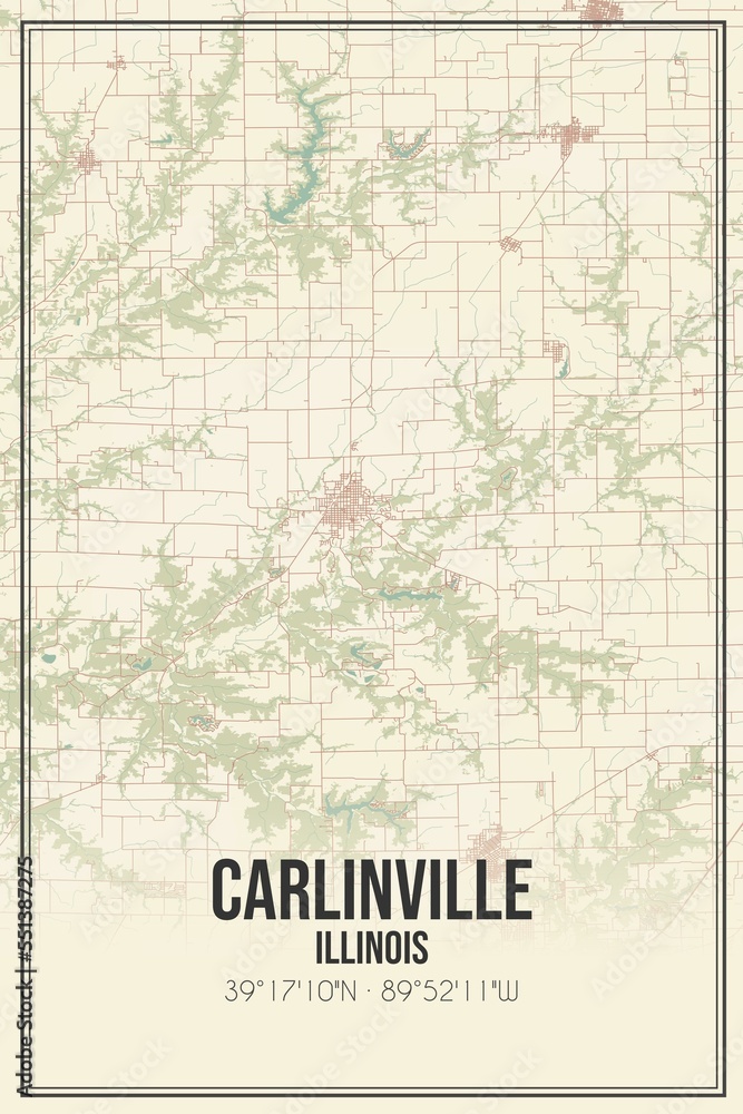 Retro US city map of Carlinville, Illinois. Vintage street map.