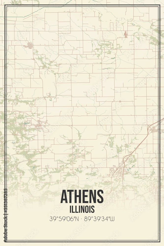 Retro US city map of Athens, Illinois. Vintage street map.