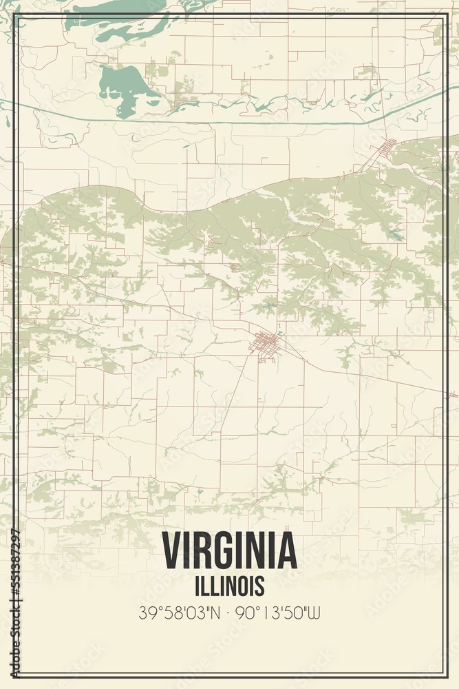 Retro US city map of Virginia, Illinois. Vintage street map.