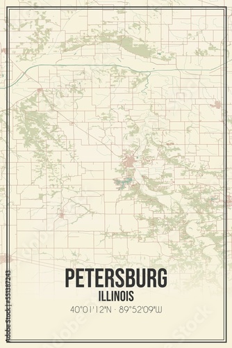 Retro US city map of Petersburg, Illinois. Vintage street map.
