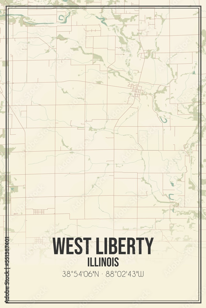 Retro US city map of West Liberty, Illinois. Vintage street map.