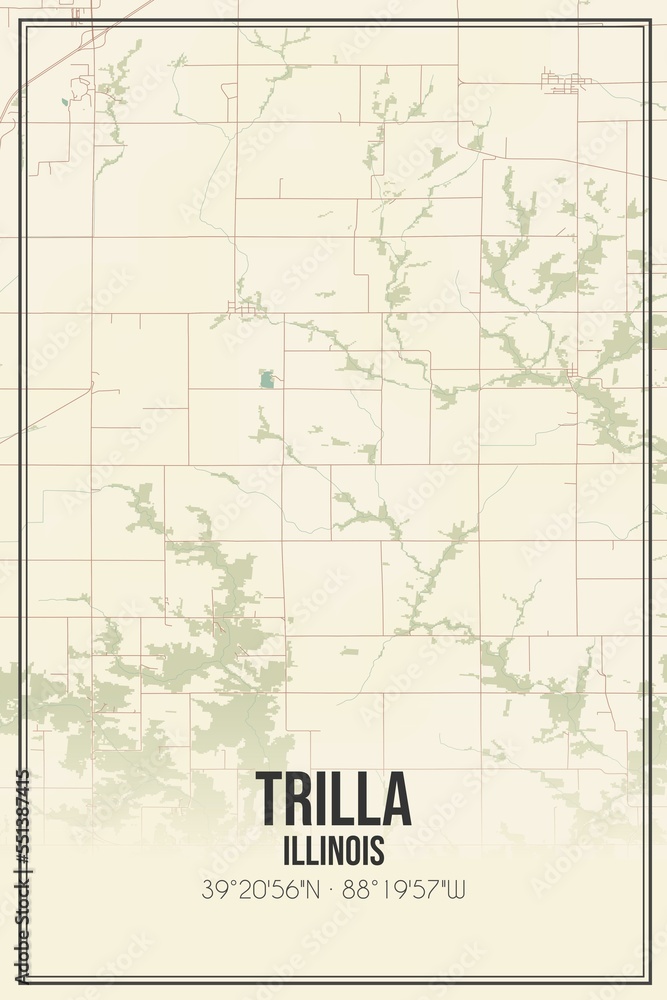 Retro US city map of Trilla, Illinois. Vintage street map.