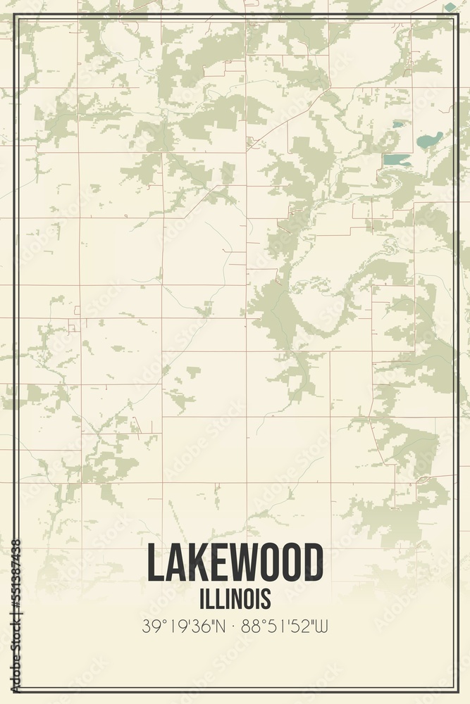 Retro US city map of Lakewood, Illinois. Vintage street map.