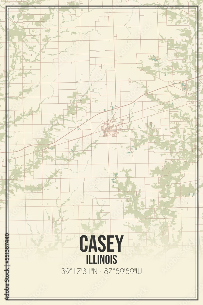 Retro US city map of Casey, Illinois. Vintage street map.