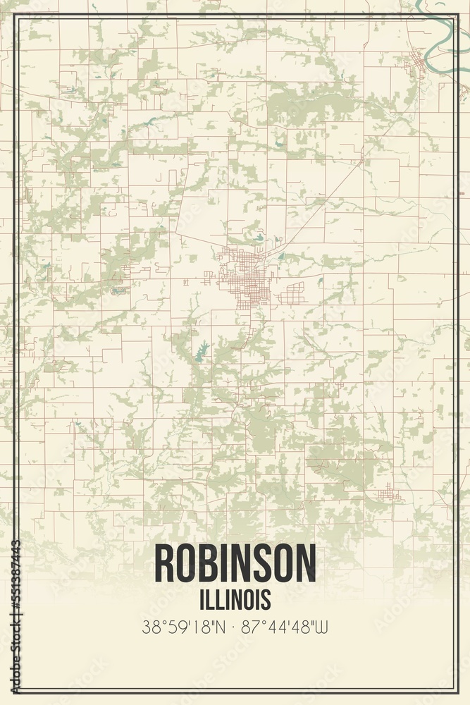 Retro US city map of Robinson, Illinois. Vintage street map.