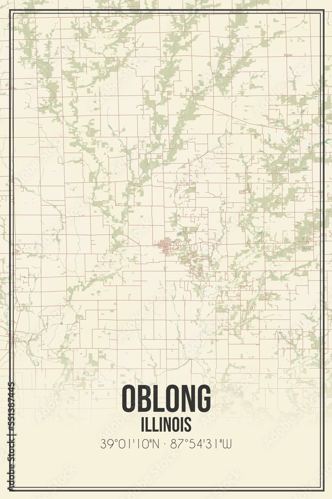 Retro US city map of Oblong, Illinois. Vintage street map.