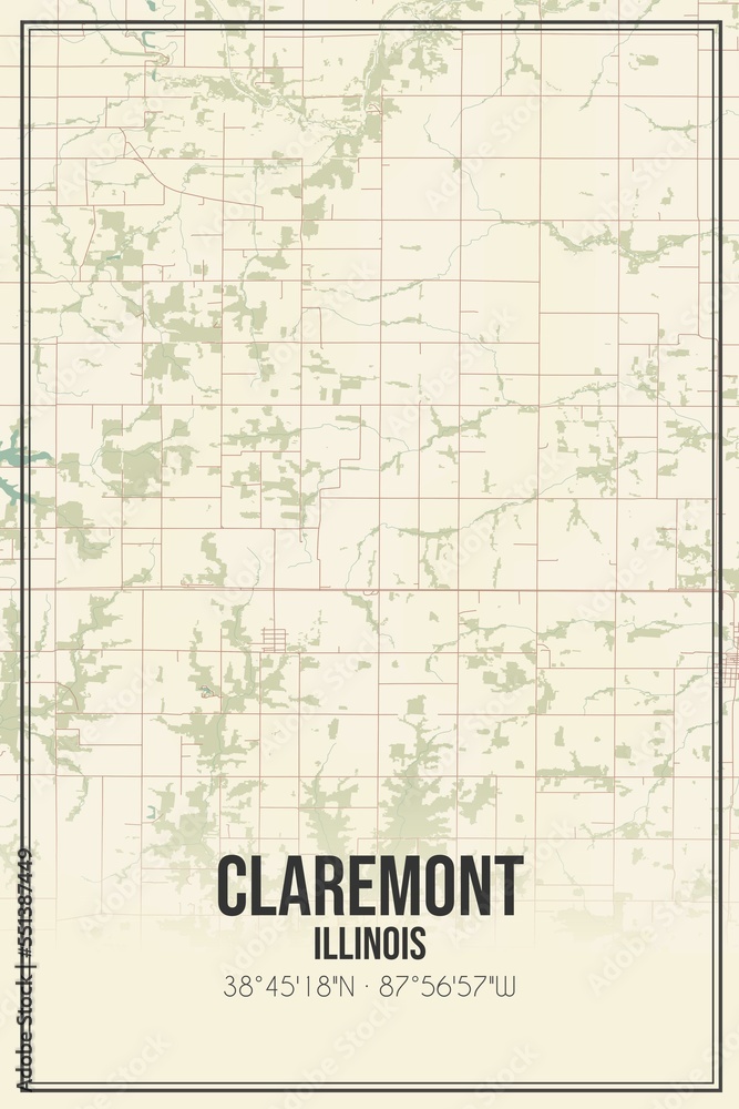 Retro US city map of Claremont, Illinois. Vintage street map.