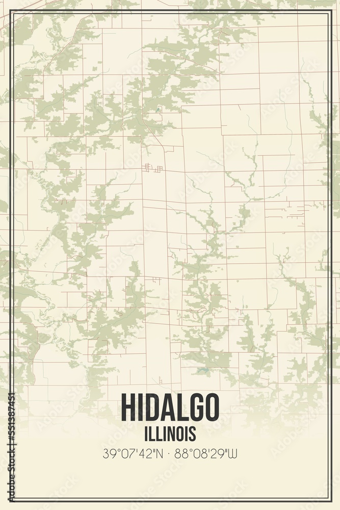 Retro US city map of Hidalgo, Illinois. Vintage street map.
