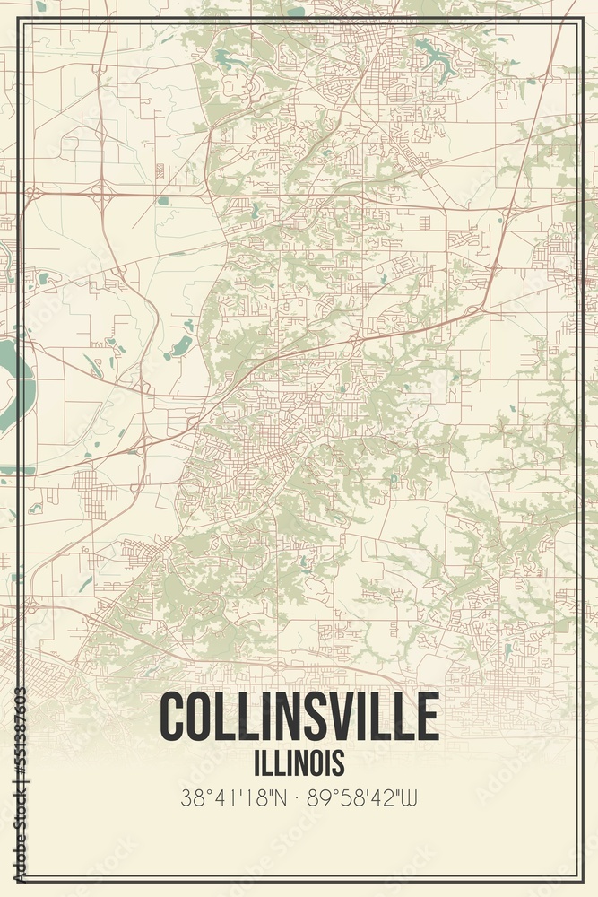 Retro US city map of Collinsville, Illinois. Vintage street map.