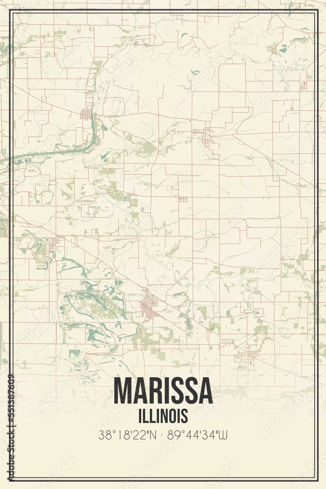 Retro US city map of Marissa, Illinois. Vintage street map.