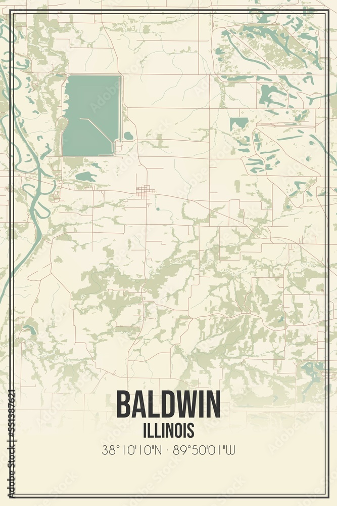Retro US city map of Baldwin, Illinois. Vintage street map.