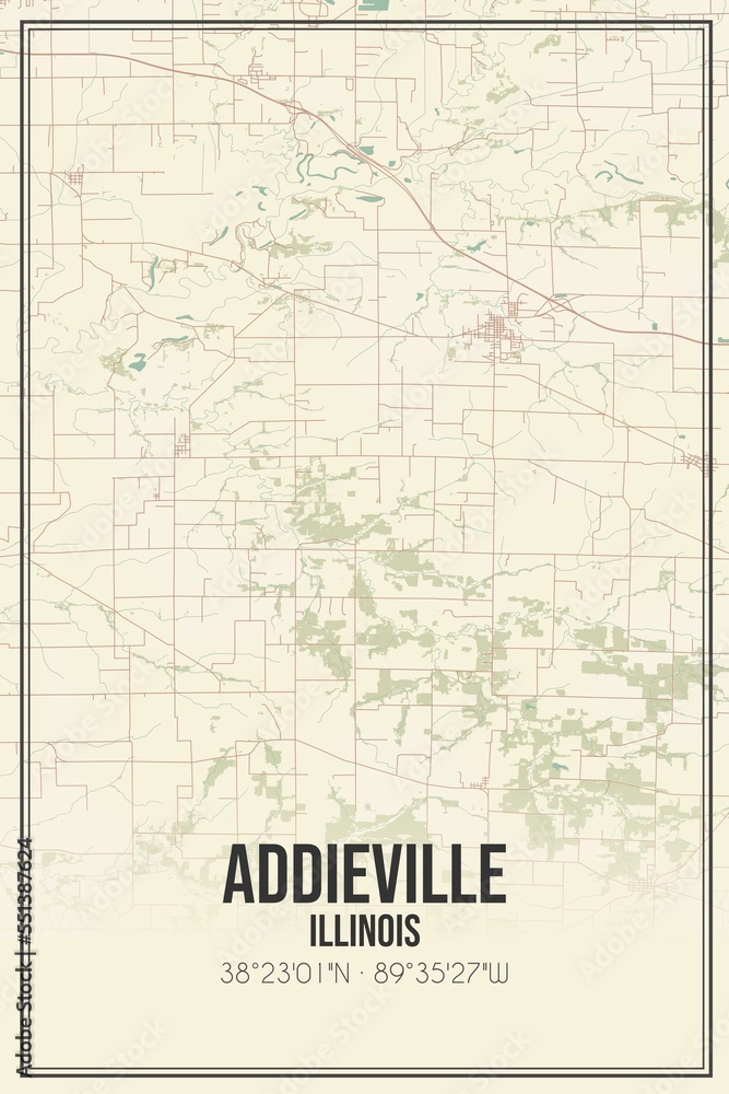 Retro US city map of Addieville, Illinois. Vintage street map.