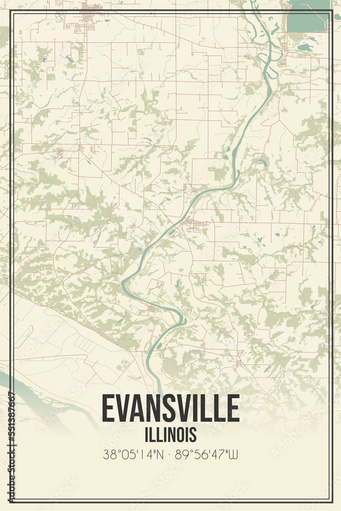 Retro US city map of Evansville, Illinois. Vintage street map.