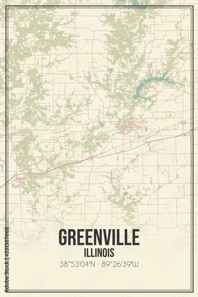 Retro US city map of Greenville, Illinois. Vintage street map.