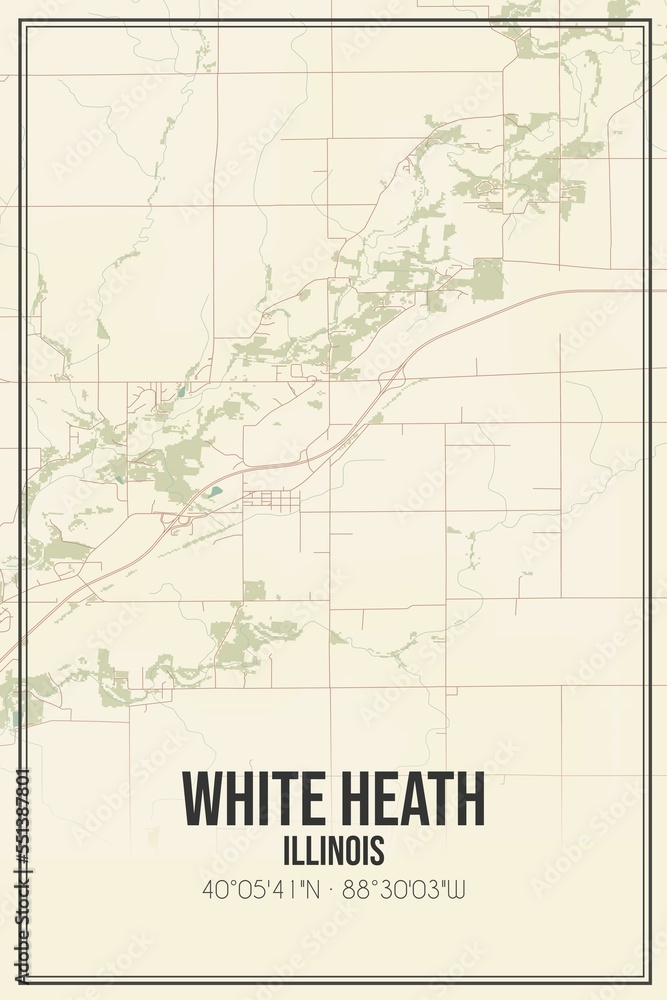 Fototapeta premium Retro US city map of White Heath, Illinois. Vintage street map.