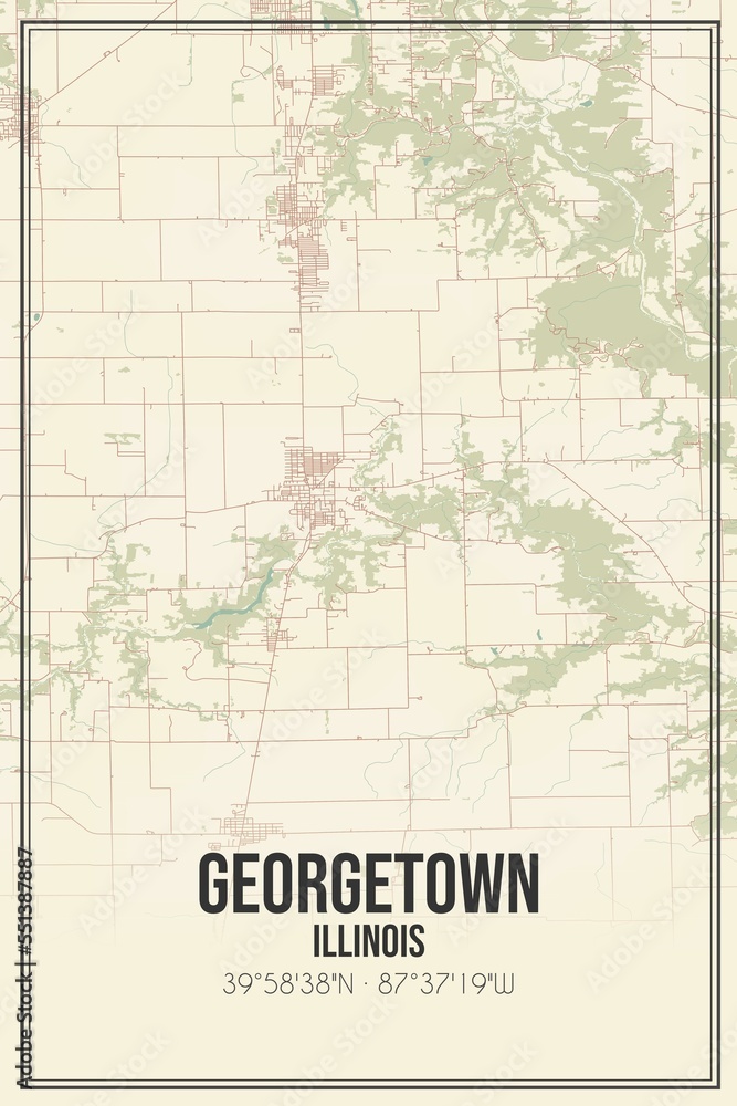 Retro US city map of Georgetown, Illinois. Vintage street map.