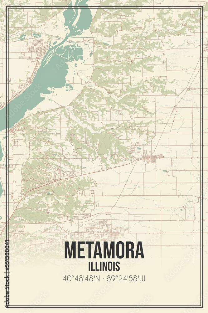 Retro US city map of Metamora, Illinois. Vintage street map.