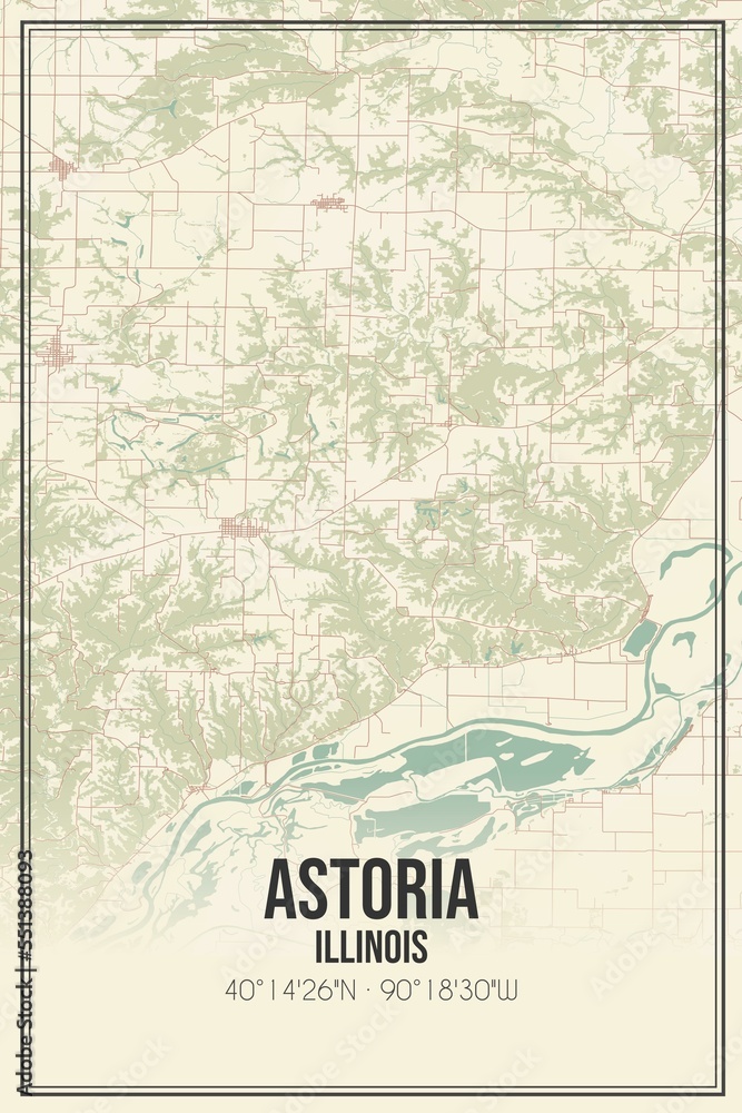 Retro US city map of Astoria, Illinois. Vintage street map.
