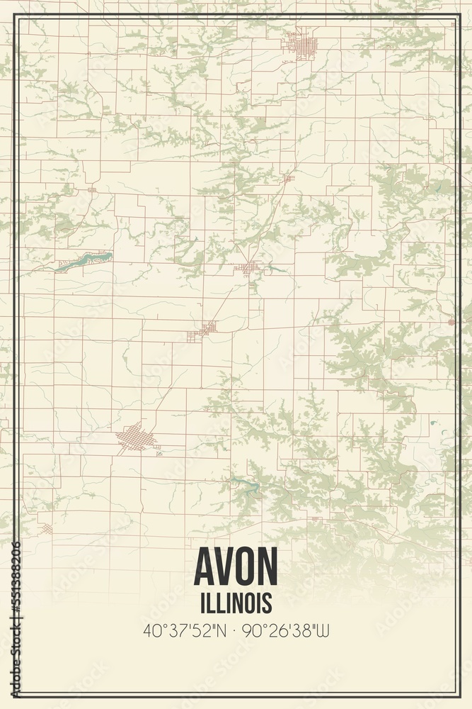 Retro US city map of Avon, Illinois. Vintage street map.