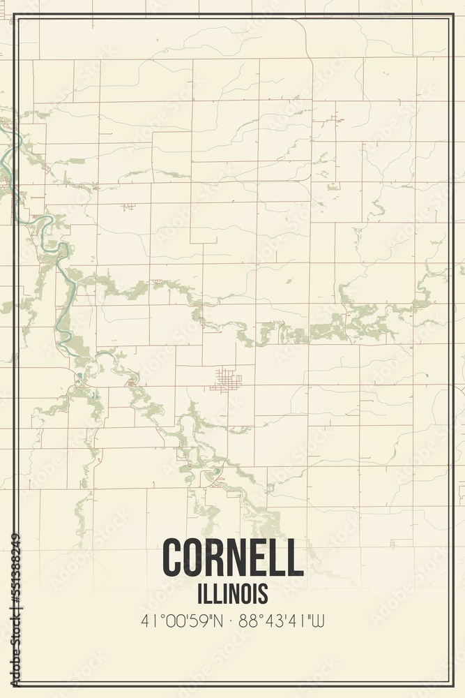 Retro US city map of Cornell, Illinois. Vintage street map.