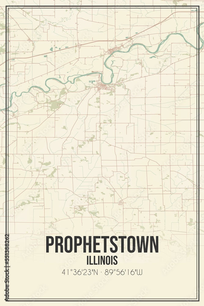 Retro US city map of Prophetstown, Illinois. Vintage street map.