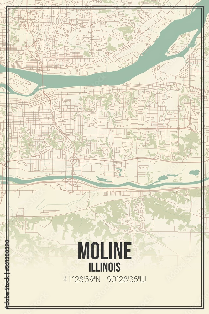 Fototapeta premium Retro US city map of Moline, Illinois. Vintage street map.