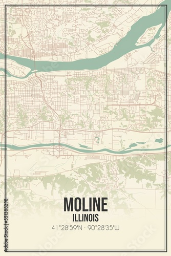 Retro US city map of Moline, Illinois. Vintage street map. photo