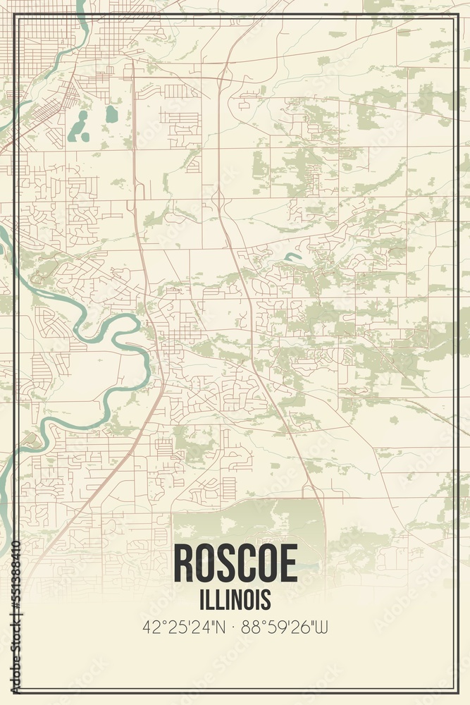 Retro US city map of Roscoe, Illinois. Vintage street map.